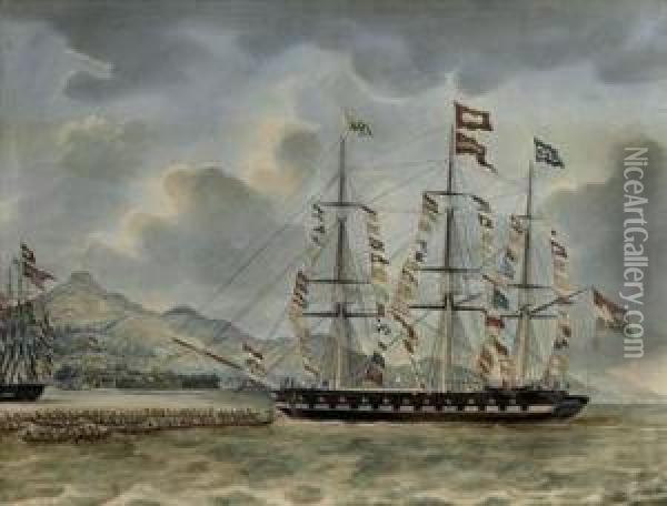 Captain J. Lourens' Merchant Ship 'amboina' Entering The Port Ofnagasaki Oil Painting - Jacob Spin