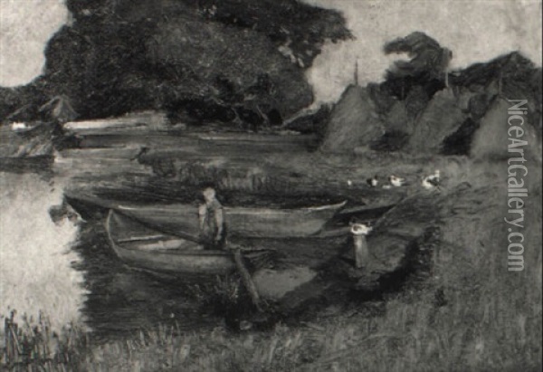 Fischerboote Am Seeufer Oil Painting - Robert Heinrich