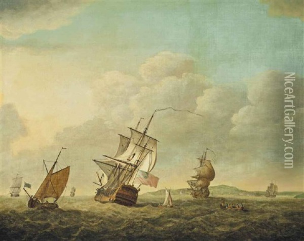 A Royal Navy Fourth Rate Heeling In The Breeze In The Channel, Running Past The Entrance To Plymouth Sound, With Other Warships And Local Craft Nearby Oil Painting - Charles Brooking