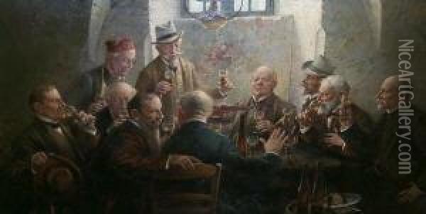 Herrengesellschaft Wahrend Einer Weinprobe. Unten Rechts Signiert Hans Lassen Df. 1909 Oil Painting - Hans August Lassen