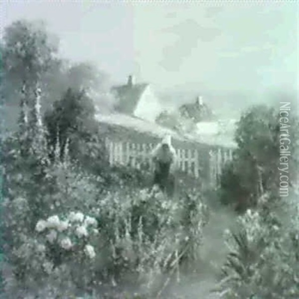 Tending The Garden/summer Garden View With Cottages And     Ocean Beyond Oil Painting - Abbott Fuller Graves