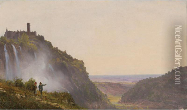 Extensive Italian Landscape By Waterfalls With Two Figures Pointing At The Valley Oil Painting - Antoine Felix Boisselier