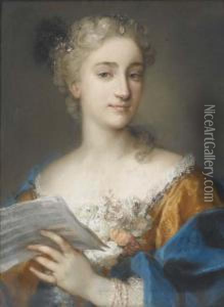 Portrait Of A Woman, Bust-length, Holding A Musical Score Oil Painting - Rosalba Carriera