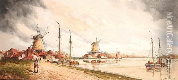 Windmills In A River Landscape Oil Painting - Hermanus Jr. Koekkoek
