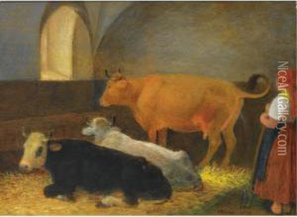 A Maid In A Cow Barn Oil Painting - Johann Michael Neder