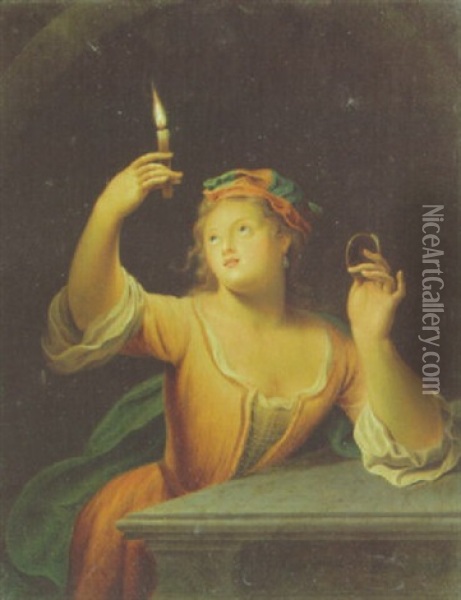 A Girl Holding A Candle Oil Painting - Gerard Wigmana