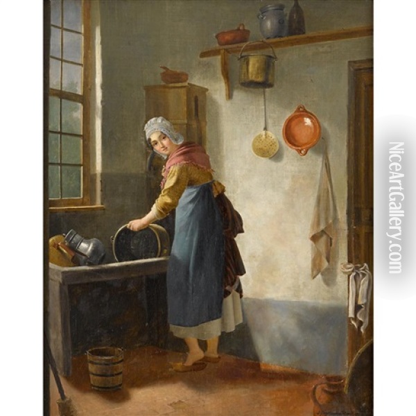 Woman In Interior Oil Painting - J.J.M. Damschroeder