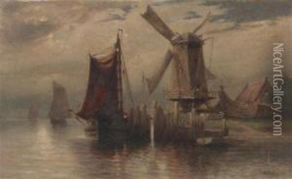 Dutch Harbor With Windmill Oil Painting - William Frederick Ritschel