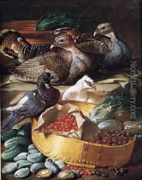 Pavos Y Pichones Con Cerezas, Fresas E Higos En Una
 Cesta Oil Painting - Jacob van der (Giacomo da Castello) Kerckhoven
