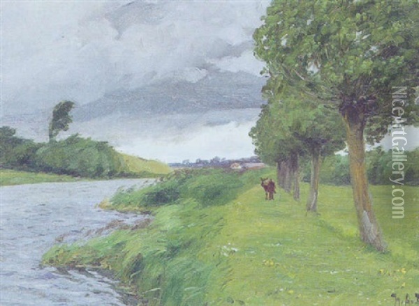 Landskab Med Graessende Ko Ved En A Oil Painting - Hans Andersen Brendekilde
