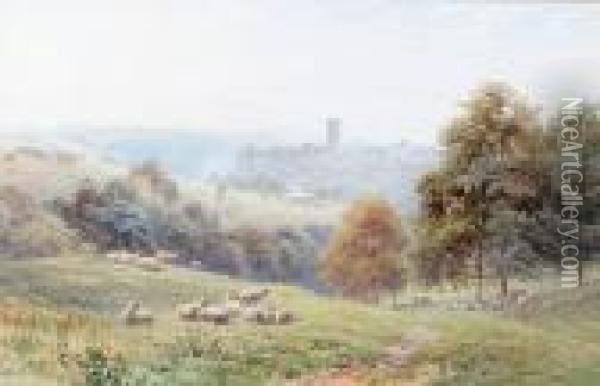 Sheep In A Pasture With The Village Of Langworthy Beyond Oil Painting - Harry Sutton Palmer