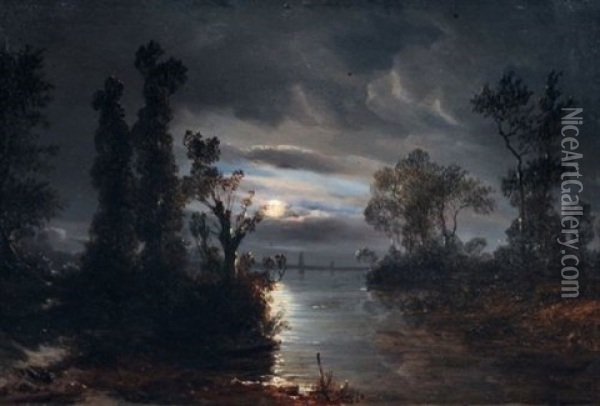 Flusslandschaft Im Mondschein Oil Painting - Wilhelm August Leopold Christian Krause