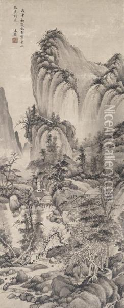 Verdant Trees Along The River Oil Painting - Wang Jian