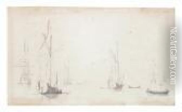 Men O' War And States Yachts On Calm Oil Painting - Willem van de, the Elder Velde