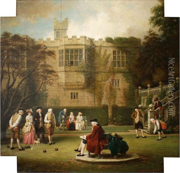 Figures Playing Bowls On The Lawn Of Haddonhall Oil Painting - John Watkins Chapman