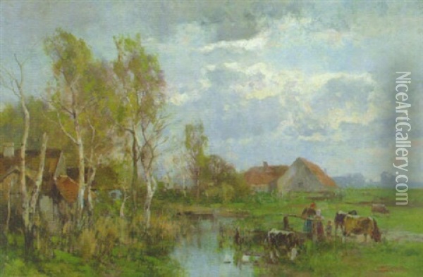 Bauerin Mit Kindern Und Vieh Auf Dem Steg Vor Dem Teich Oil Painting - Karl Adam Heinisch