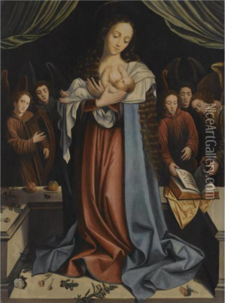 The Virgin And Child With Attendant Angels Oil Painting - Barend Van Orley