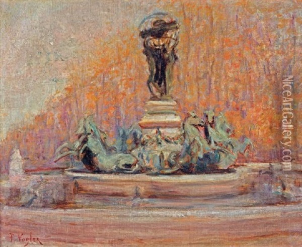 La Fontaine De L'observatoire Avec En Arriere-plan Les Jardins Du Luxembourg Oil Painting - Paul Vogler