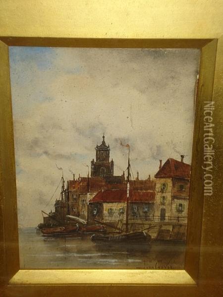 A Pair Of Port Scenes, Signed, Watercolour Oil Painting - Hermanus Jr. Koekkoek