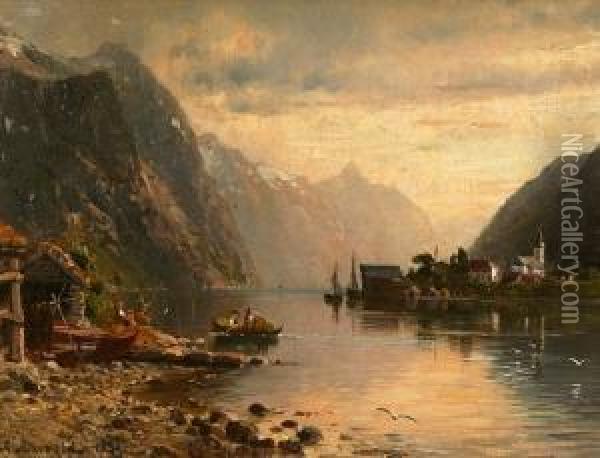 Fjordlandskap Med Kirkested 1891 1891 Oil Painting - Anders Monsen Askevold