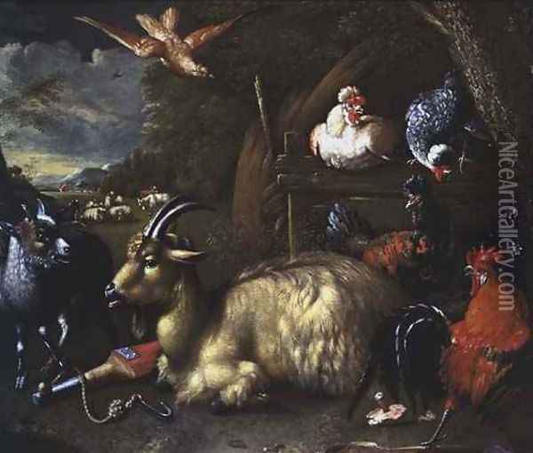 Goat with Other Animals and Birds in a Landscape Oil Painting - Melchior de Hondecoeter