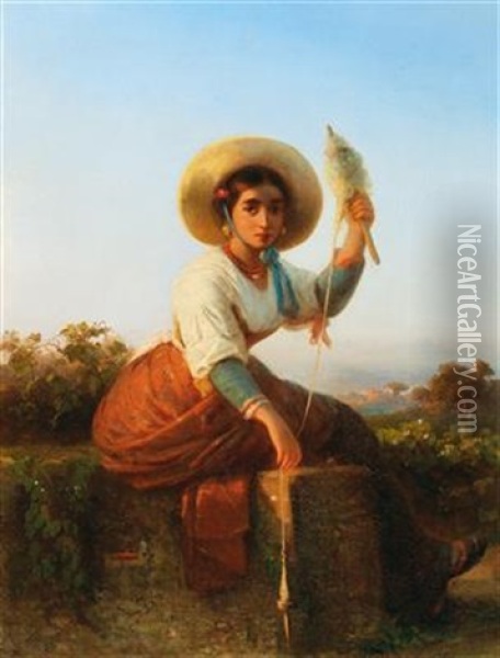 A Neapolitan Woman With A Distaff Oil Painting - Karl August Bielchowski