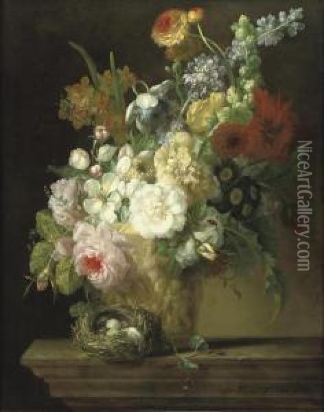 Roses, Chrysanthemums, Anemonies
 And Other Flowers In A Sculptedvase With A Bird's Nest On A Stone Ledge Oil Painting - Willem van Leen