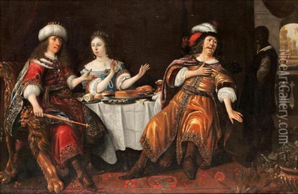 Scene With Ester, Haman And Ahasverus Oil Painting - Antonie Palamedesz