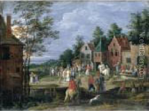 A Village Scene With Figures Dancing And Merrymaking Before A Tavern Oil Painting - Pieter Gysels