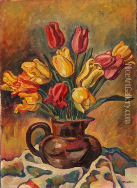 Blumenstraus Mit Roten Und Gelben Tulpen In Tonkrug Oil Painting - Louis Joseph Vonlanthen