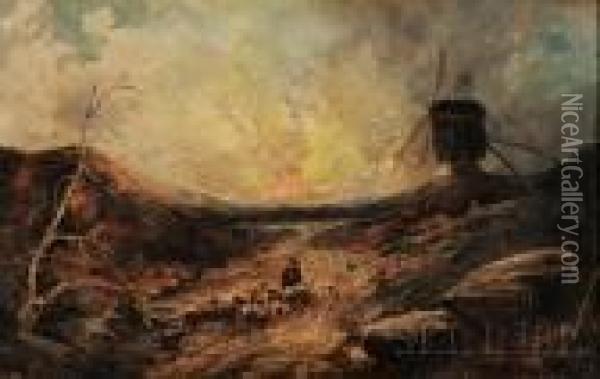 Sunset Landscape With Windmill Oil Painting - John Linnell