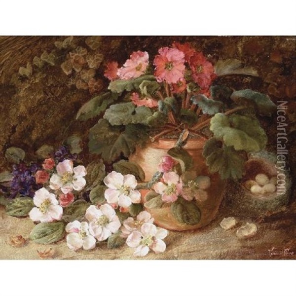 A Still Life With Primroses In A Vase And A Birds' Nest Behind Oil Painting - Vincent Clare
