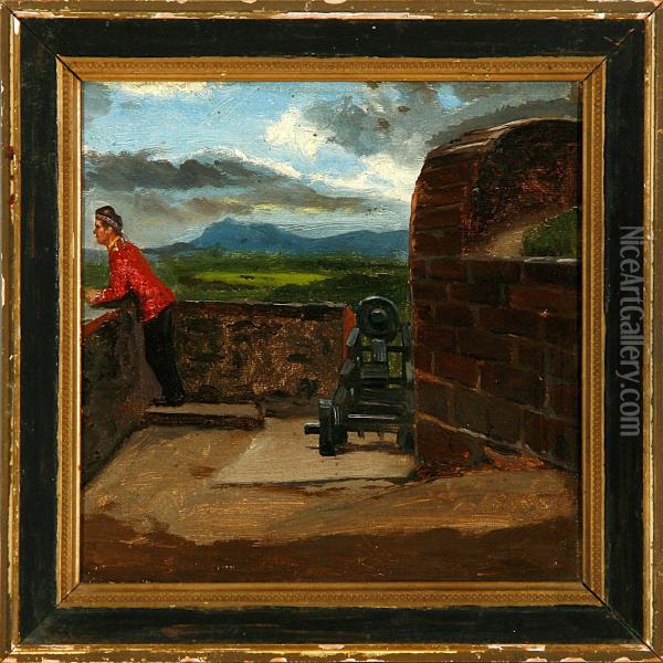 A Soldier Is Overlookingthe Fields From A Fort Oil Painting - Viggo Rasmus Simesen