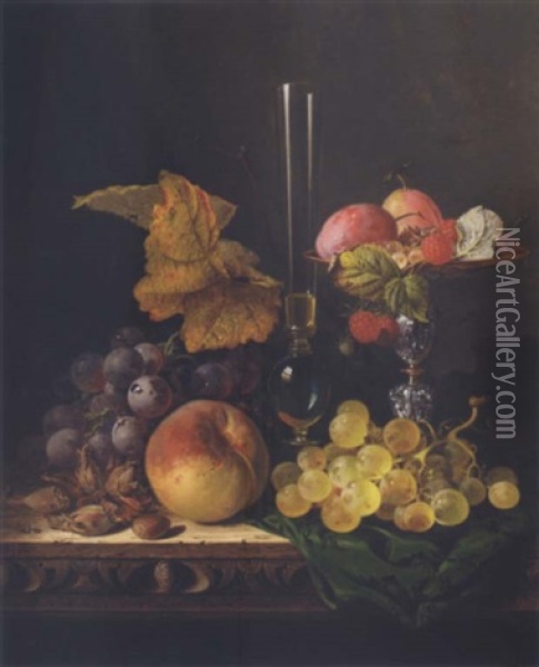 Stil Life With Peaches, Grapes, Hazelnuts, Raspberries And Plums, With A Wine Glass Oil Painting - Edward Ladell