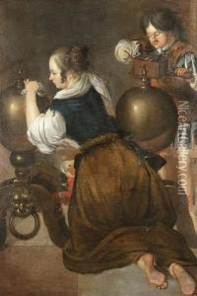 A Young Woman And A Boy Polishing Fire-dogs Oil Painting - Jan Gerritsz van Bronchorst