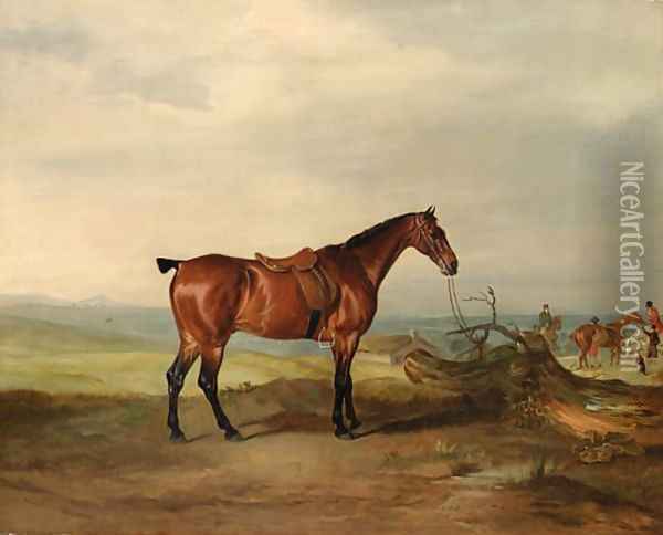 A saddled bay Hunter, in an extensive landscape, with huntsmen and hounds beyond Oil Painting - John Snr Ferneley