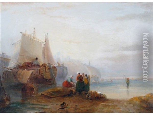 Fisherfolk And Boats On A Coastline Oil Painting - John Wilson Ewbank