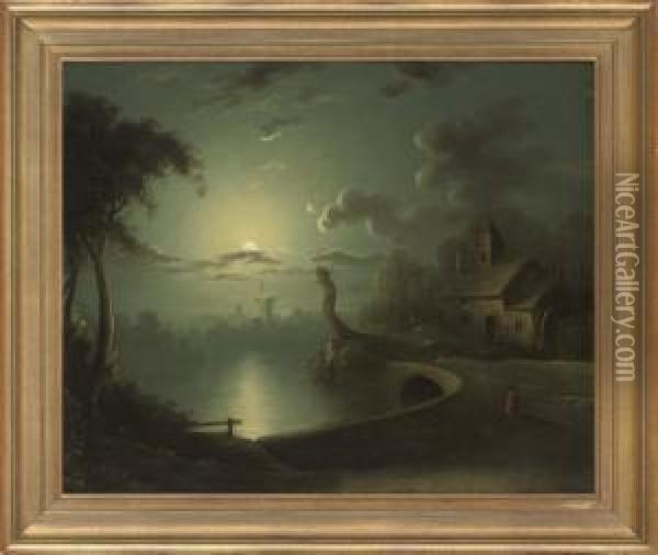 A Figure Beside A Moonlit River Oil Painting - Sebastian Pether