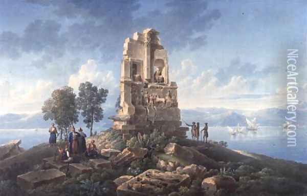 Grand Tourists at the Monument of Philopappos, Greece, 1821 Oil Painting - Louis Francois Cassas