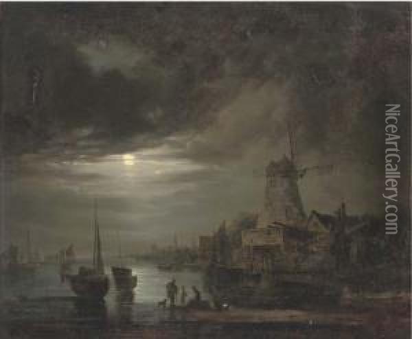 Figures On The Bank Of A River, By Moonlight Oil Painting - Abraham Pether