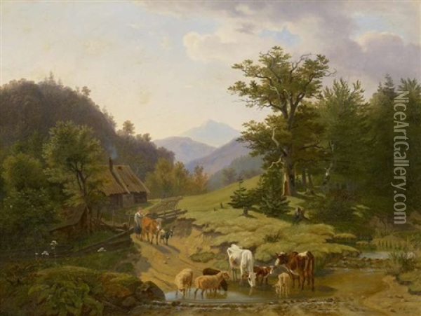 Gebirgslandschaft Mit Weidevieh An Einer Furt Oil Painting - Friedrich Karl Joseph Simmler