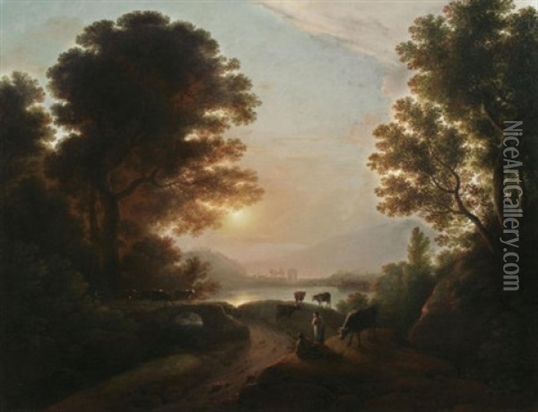 Abendstimmung Am See Oil Painting - Johann Nepomuk Schoedlberger