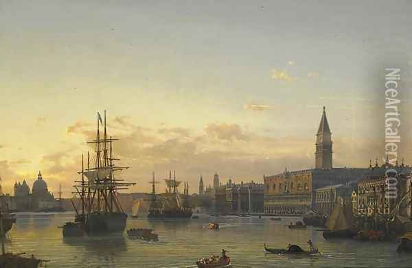 Blick uber das Bacino di San Marco in Venedig mit Panorama von S. Maria della Salute bis zu den Kuppeln von S. Marco bei Sonnenuntergang 1840-49 Oil Painting - Friedrich Nerly