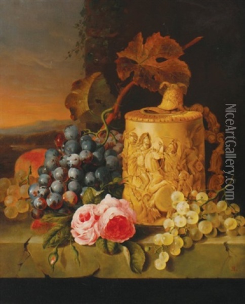 Still Of Grapes And Roses Oil Painting - Edward Ladell