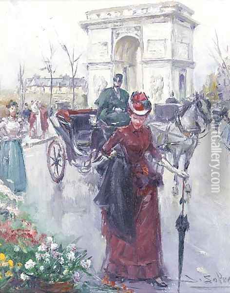 Elegant figures before the Arc de Triomphe Oil Painting - Joan Roig Soler
