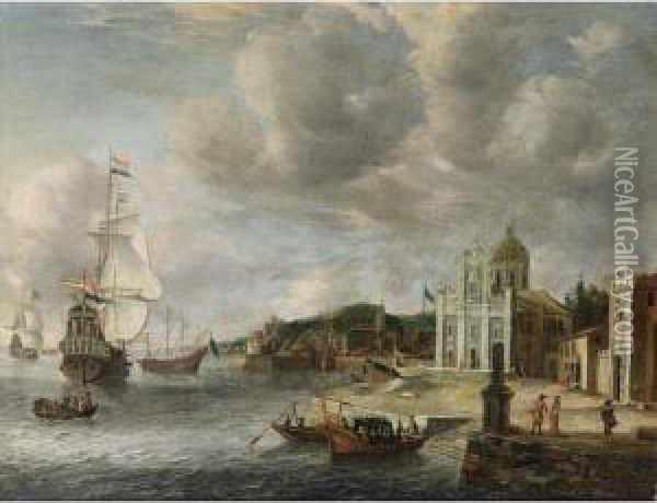 An Italianate Harbour Scene With
 Dutch Men-o'-war Moored, Yaughts And Rowing Boats Near The Quay, 
Figures Walking On A Square Near A Church Oil Painting - Jan Abrahamsz. Beerstraaten