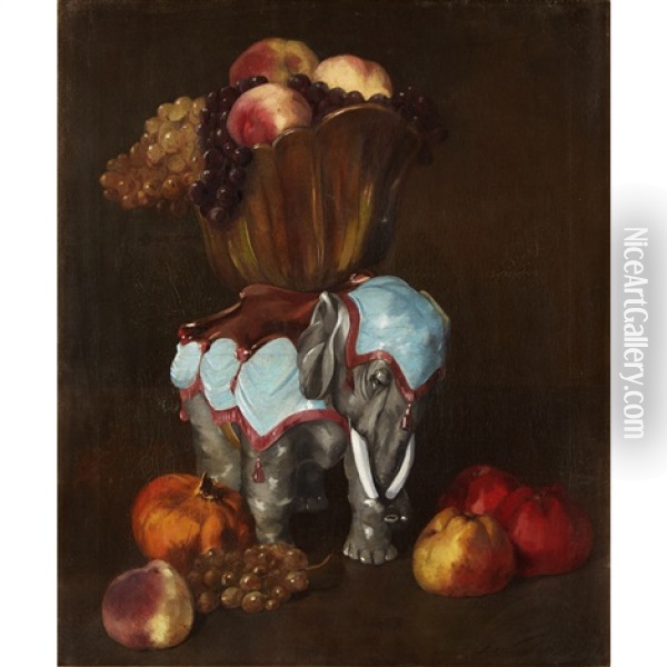 Still Life With Elephant Statuette And Mixed Fruits Oil Painting - Edmond Van Der Meulen