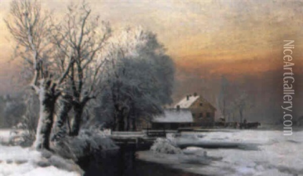 Vinterlandskab Med En Tysk Gard Ved Floden Isar Oil Painting - Anders Andersen-Lundby