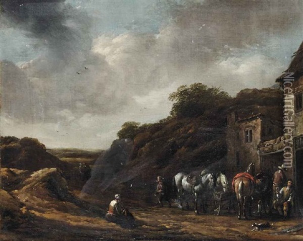 Travellers Outside A Tavern Oil Painting - Barend Gael