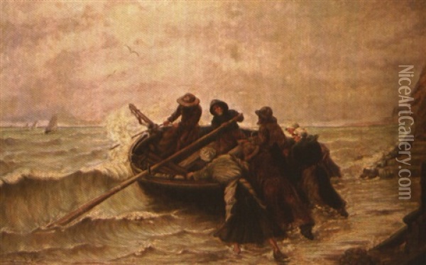 Depart De La Plage D'une Barque De Peche Oil Painting - Georges Jean Marie Haquette